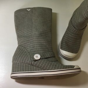 Roxy Plaid Fabric Wedge Boot in Green & Brown